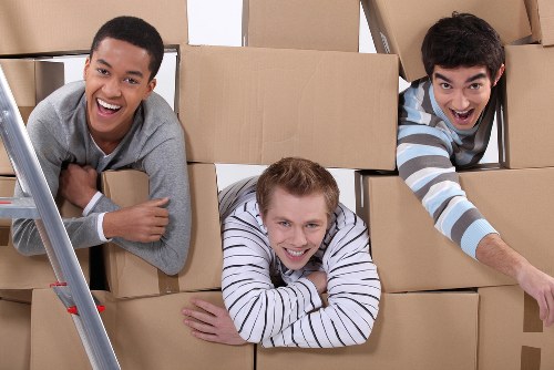 Professional movers handling packed boxes and furniture