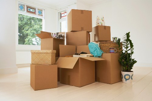 Movers handling office furniture in a commercial building in Cranford
