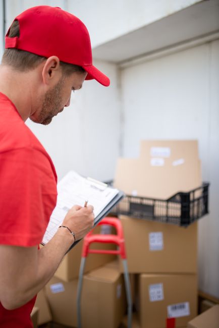 A man with a beard, wearing a black cap and a white polo shirt, stands indoors in front of a stack of uniformly sized cardboard boxes. He is holding a clipboard and a pen, appearing to take notes or c